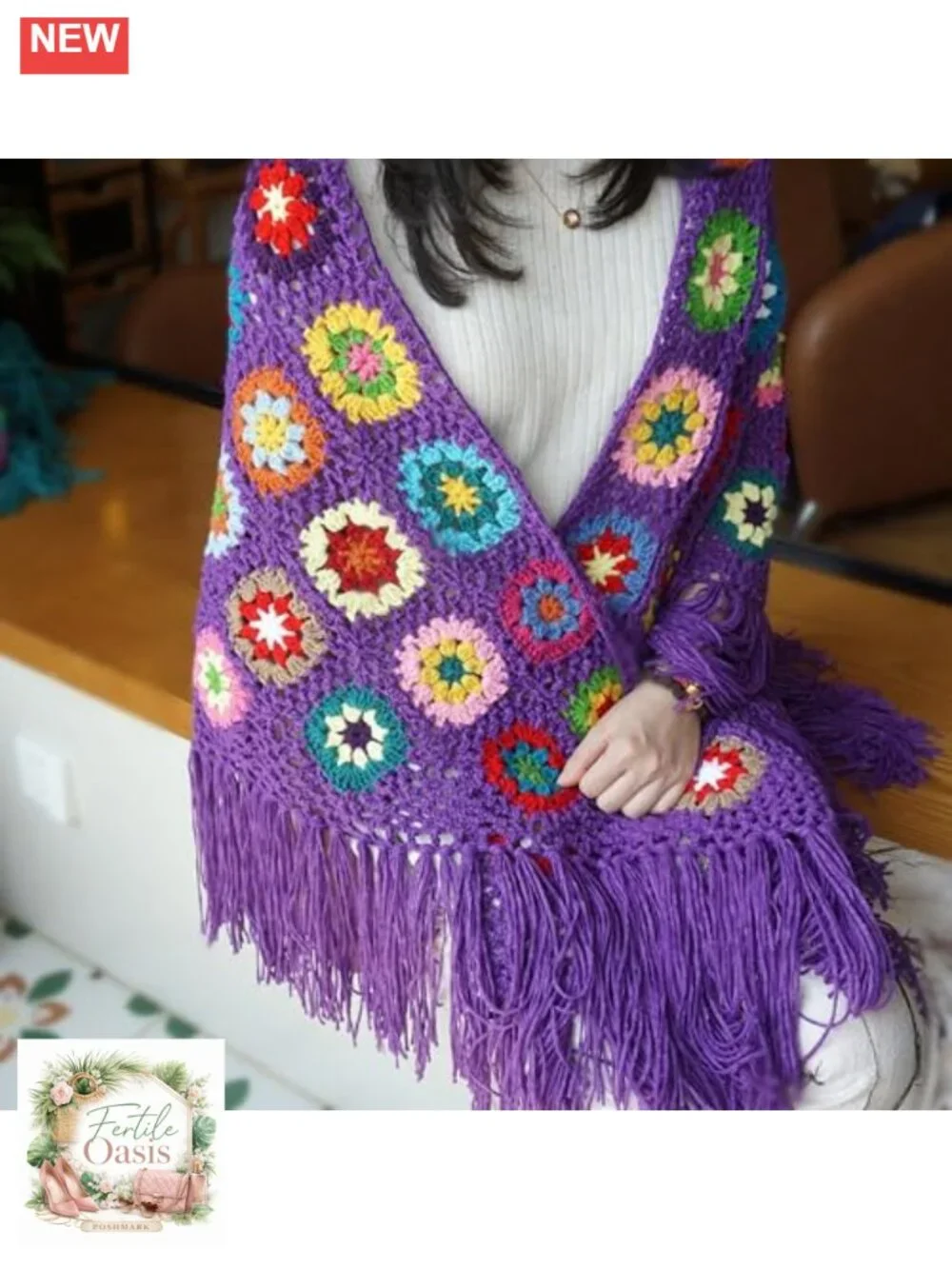 Boho Crochet Shawl Wrap Lightweight Handmade Fringe Pashmina Women